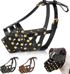 OOPSDOGGY Breathable Secure Basket Leather Pitbull Dog Muzzle, Black