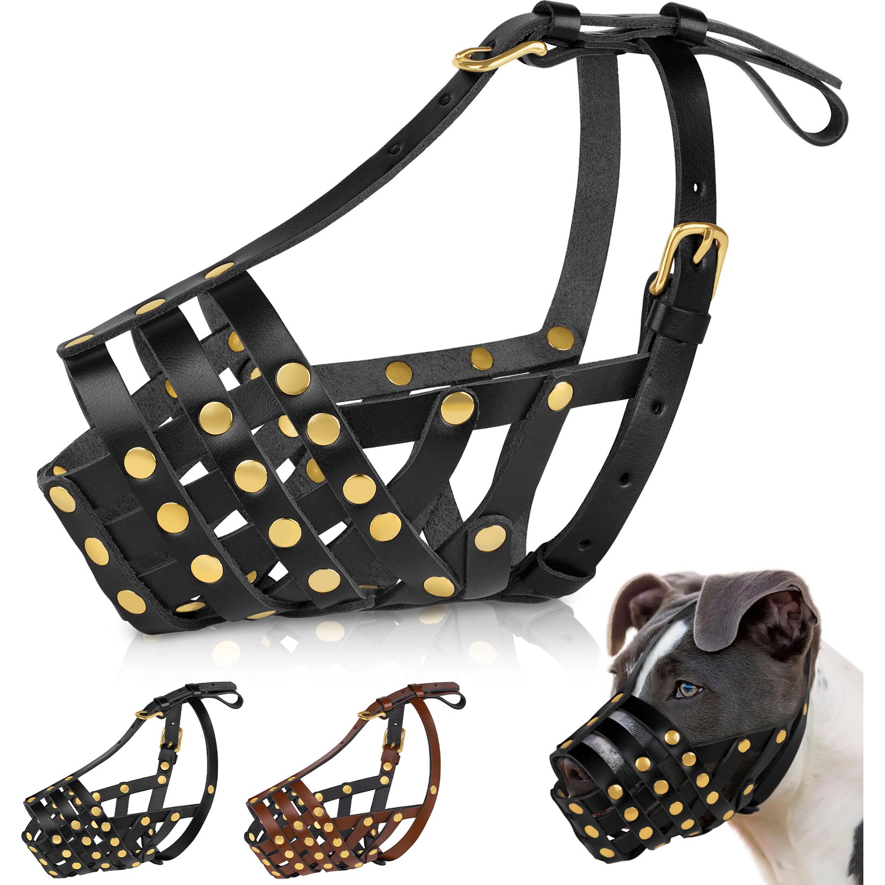 OOPSDOGGY Breathable Secure Basket Leather Pitbull Dog Muzzle, Black