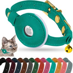 OOPSDOGGY Non Breakaway Lightweight GPS Reflective Leather Apple AirTag Cat Collar with Bell, Teal, 8 to 11-in neck, 1/2-in wide