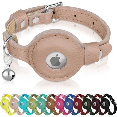 OOPSDOGGY OOPSDOGGY Indoor & Outdoor Non Breakaway AirTag Holder Cat Collar with Bell, Beige, 8 to 11-in neck, 1/2-in wide