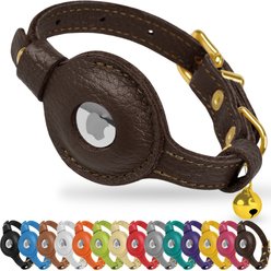 OOPSDOGGY Lightweight GPS Leather Apple Air Tag Holder Cat Collar with Bell, Dark Brown, 8 to 11-in neck, 1/2-in wide