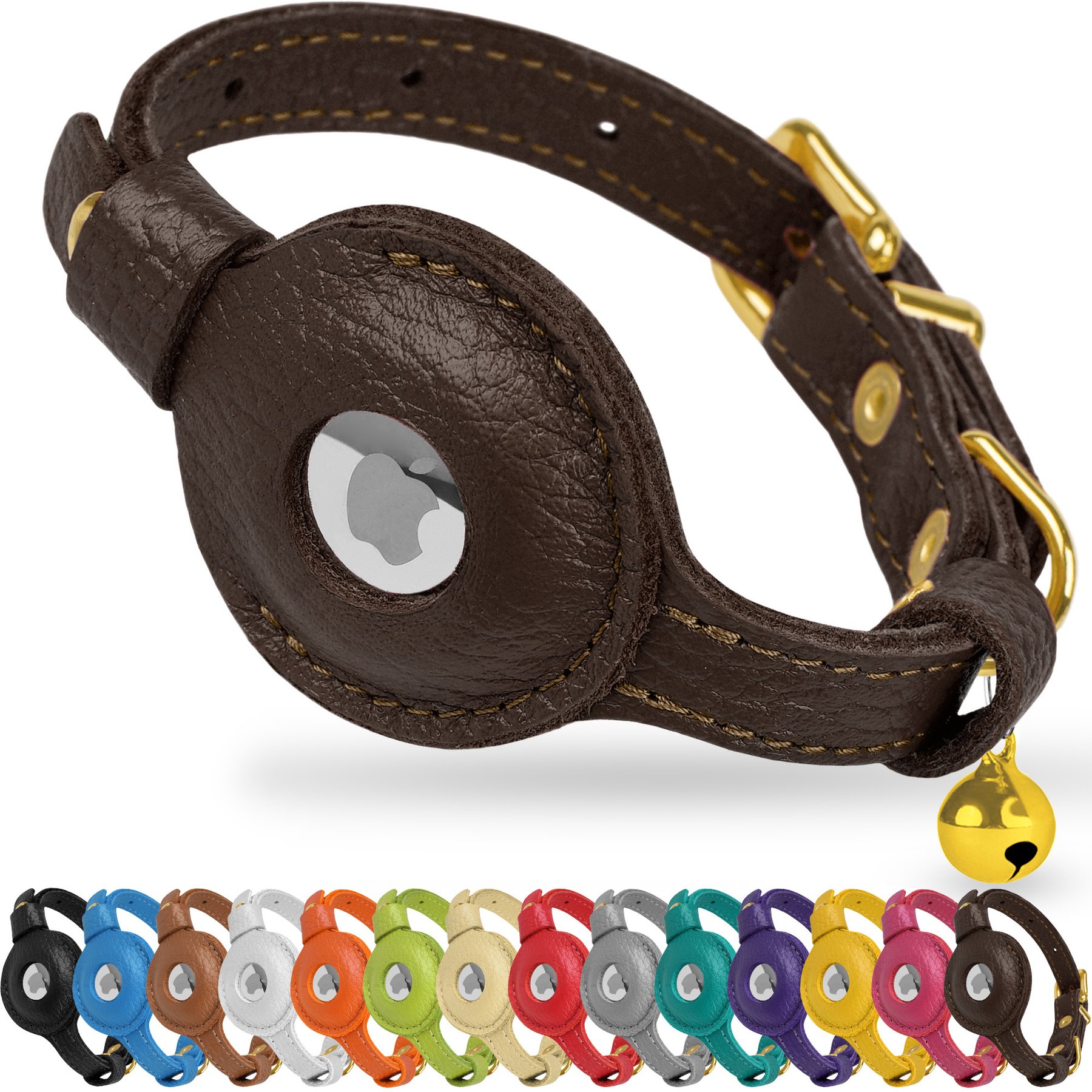 OOPSDOGGY Lightweight GPS Leather Apple Air Tag Holder Cat Collar with Bell, Dark Brown, 8 to 11-in neck, 1/2-in wide