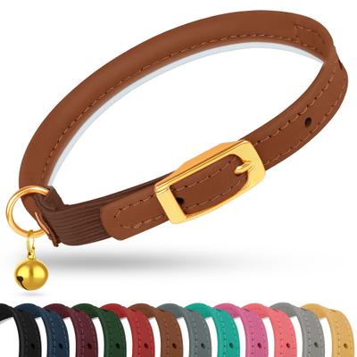 Show full view: OOPSDOGGY Rolled Leather Reflective Cat Collar with Bell & Safety Elastic Strap, Brown, 8 to 11-in neck, 3/8-in wide slide 1 of 9