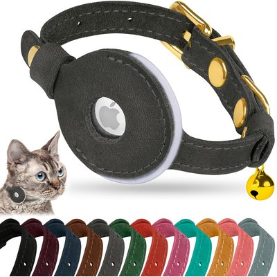 OOPSDOGGY OOPSDOGGY Non Breakaway Lightweight GPS Reflective Leather Apple AirTag Cat Collar with Bell, Graphite, 8 to 11-in neck, 1/2-in wide