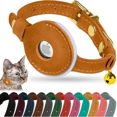 OOPSDOGGY OOPSDOGGY Non Breakaway Lightweight GPS Reflective Leather Apple AirTag Cat Collar with Bell, Camel, 8 to 11-in neck, 1/2-in wide