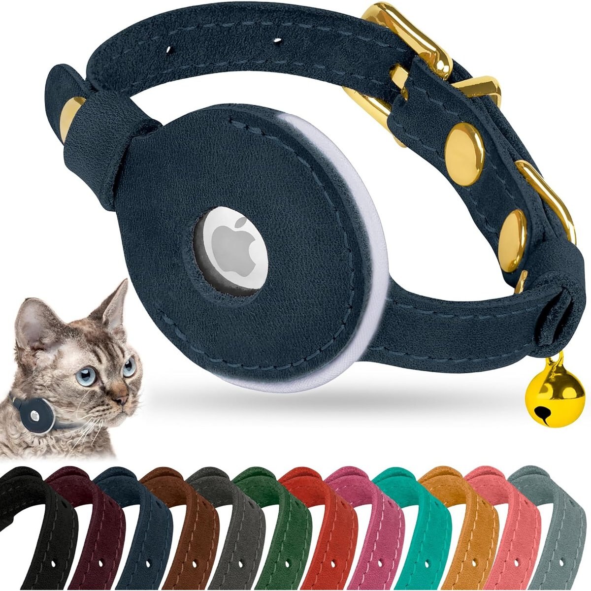 OOPSDOGGY Non Breakaway Lightweight GPS Reflective Leather Apple AirTag Cat Collar with Bell, Blue, 8 to 11-in neck, 1/2-in wide