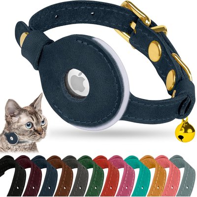 OOPSDOGGY OOPSDOGGY Non Breakaway Lightweight GPS Reflective Leather Apple AirTag Cat Collar with Bell, Blue, 8 to 11-in neck, 1/2-in wide