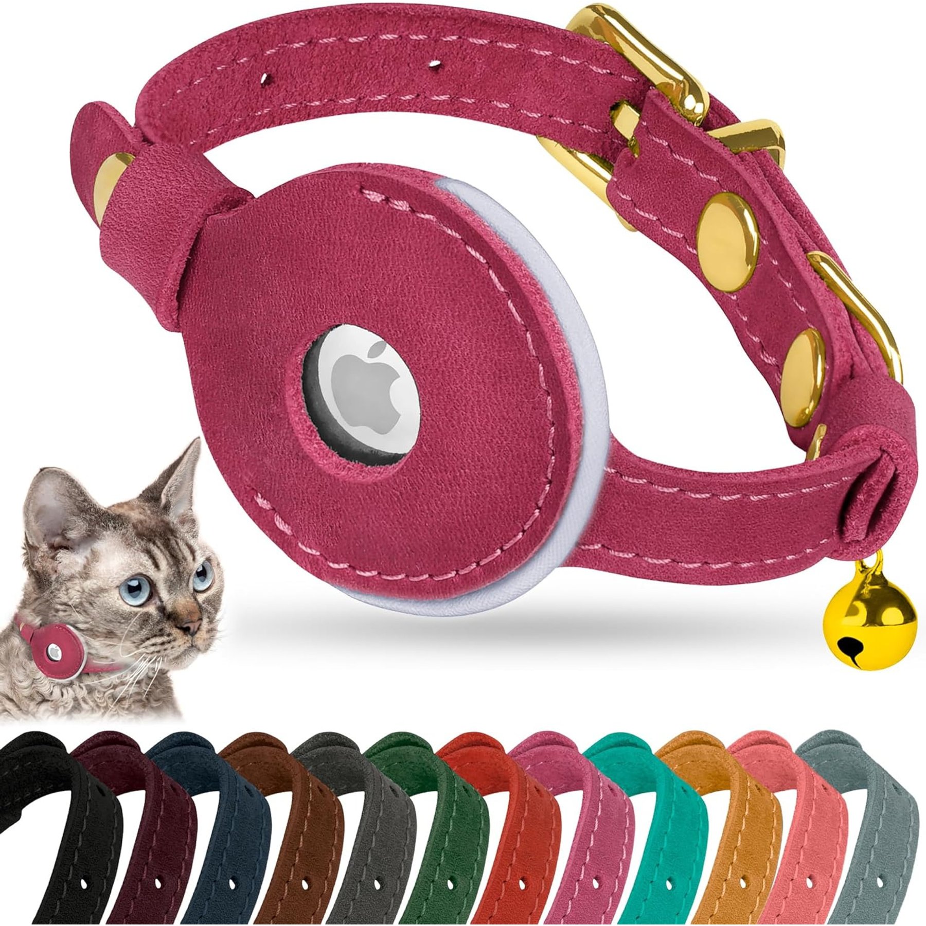OOPSDOGGY Non Breakaway Lightweight GPS Reflective Leather Apple AirTag Cat Collar with Bell, Fuchsia, 8 to 11-in neck, 1/2-in wide