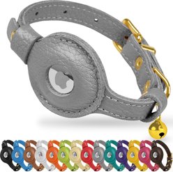 OOPSDOGGY Lightweight GPS Leather Apple Air Tag Holder Cat Collar with Bell, Gray, 8 to 11-in neck, 1/2-in wide