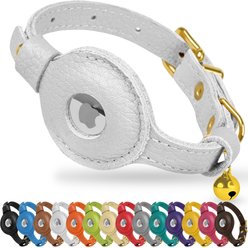 OOPSDOGGY Lightweight GPS Leather Apple Air Tag Holder Cat Collar with Bell, White, 8 to 11-in neck, 1/2-in wide