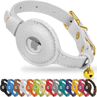 Show full view: OOPSDOGGY Lightweight GPS Leather Apple Air Tag Holder Cat Collar with Bell, White, 8 to 11-in neck, 1/2-in wide slide 1 of 6