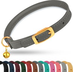 OOPSDOGGY Rolled Leather Reflective Cat Collar with Bell & Safety Elastic Strap, Graphite, 8 to 11-in neck, 3/8-in wide