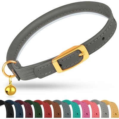 OOPSDOGGY OOPSDOGGY Rolled Leather Reflective Cat Collar with Bell & Safety Elastic Strap, Graphite, 8 to 11-in neck, 3/8-in wide