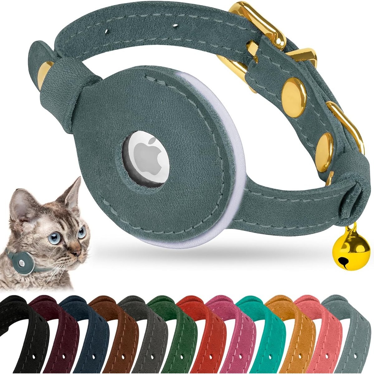 OOPSDOGGY Non Breakaway Lightweight GPS Reflective Leather Apple AirTag Cat Collar with Bell, Denim, 8 to 11-in neck, 1/2-in wide