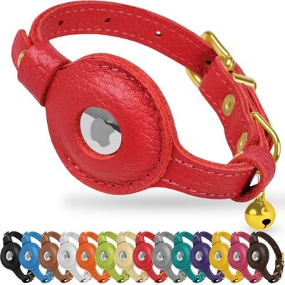 OOPSDOGGY OOPSDOGGY Lightweight GPS Leather Apple Air Tag Holder Cat Collar with Bell, Red, 8 to 11-in neck, 1/2-in wide