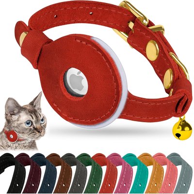 OOPSDOGGY OOPSDOGGY Non Breakaway Lightweight GPS Reflective Leather Apple AirTag Cat Collar with Bell, Red, 8 to 11-in neck, 1/2-in wide