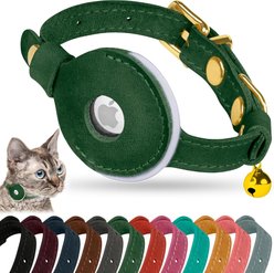 OOPSDOGGY Non Breakaway Lightweight GPS Reflective Leather Apple AirTag Cat Collar with Bell, Green, 8 to 11-in neck, 1/2-in wide