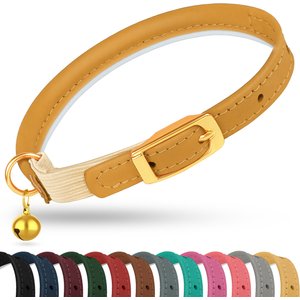 OOPSDOGGY Rolled Leather Reflective Cat Collar with Bell & Safety Elastic Strap, Camel, 8 to 11-in neck, 3/8-in wide