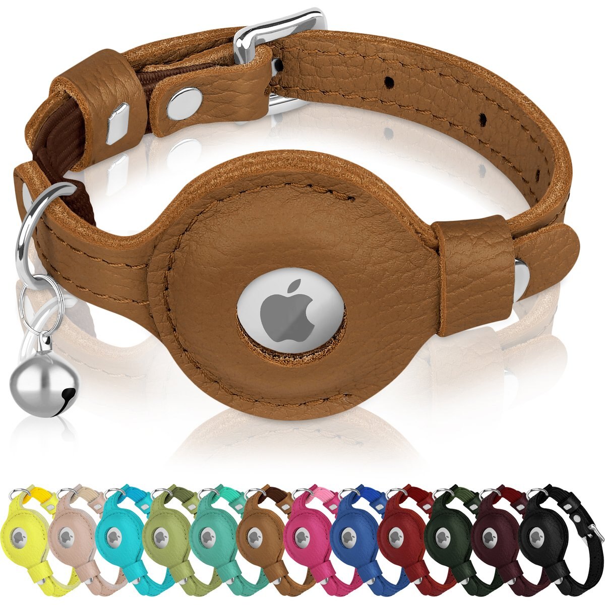 OOPSDOGGY Indoor & Outdoor Non Breakaway AirTag Holder Cat Collar with Bell, Brown, 8 to 11-in neck, 1/2-in wide