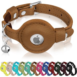 OOPSDOGGY Indoor & Outdoor Non Breakaway AirTag Holder Cat Collar with Bell, Brown, 8 to 11-in neck, 1/2-in wide