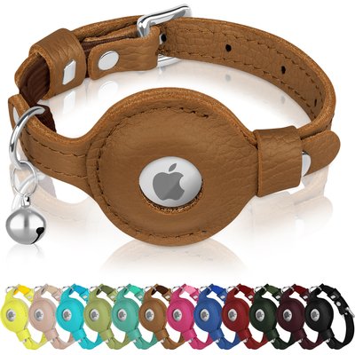 OOPSDOGGY OOPSDOGGY Indoor & Outdoor Non Breakaway AirTag Holder Cat Collar with Bell, Brown, 8 to 11-in neck, 1/2-in wide