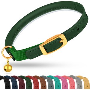 OOPSDOGGY Rolled Leather Reflective Cat Collar with Bell & Safety Elastic Strap, Green, 8 to 11-in neck, 3/8-in wide