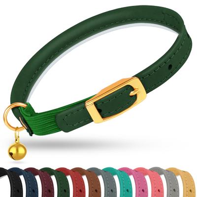 Show full view: OOPSDOGGY Rolled Leather Reflective Cat Collar with Bell & Safety Elastic Strap, Green, 8 to 11-in neck, 3/8-in wide slide 1 of 9