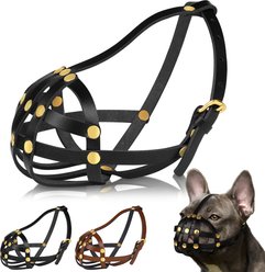 OOPSDOGGY Breathable Secure Basket Leather French Bulldog Dog Muzzle, Black