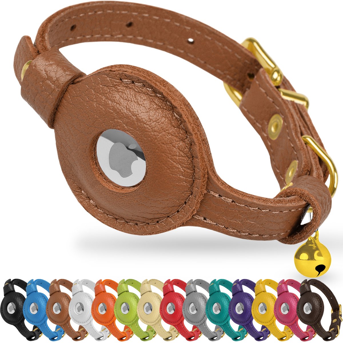 OOPSDOGGY Lightweight GPS Leather Apple Air Tag Holder Cat Collar with Bell, Brown, 8 to 11-in neck, 1/2-in wide