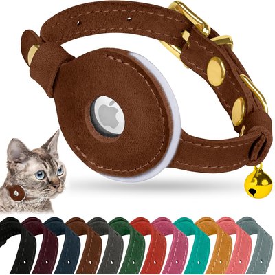 OOPSDOGGY OOPSDOGGY Non Breakaway Lightweight GPS Reflective Leather Apple AirTag Cat Collar with Bell, Brown, 8 to 11-in neck, 1/2-in wide