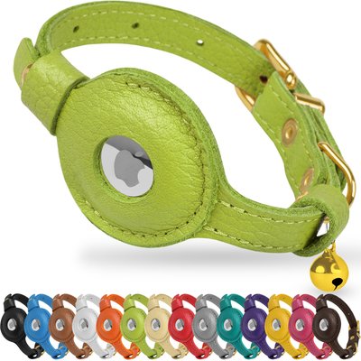 OOPSDOGGY OOPSDOGGY Lightweight GPS Leather Apple Air Tag Holder Cat Collar with Bell, Lime Green, 8 to 11-in neck, 1/2-in wide