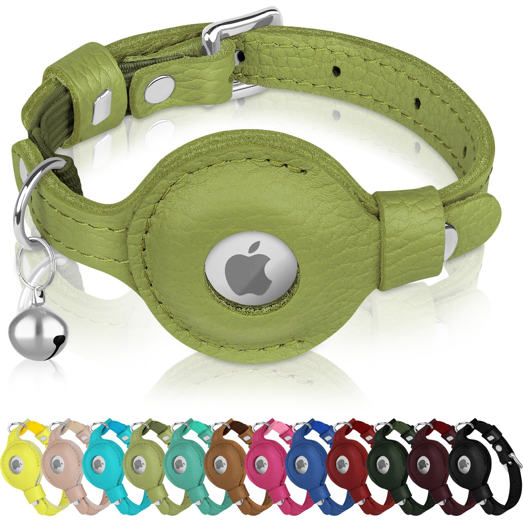 OOPSDOGGY Indoor & Outdoor Non Breakaway AirTag Holder Cat Collar with Bell, Olive Green, 8 to 11-in neck, 1/2-in wide