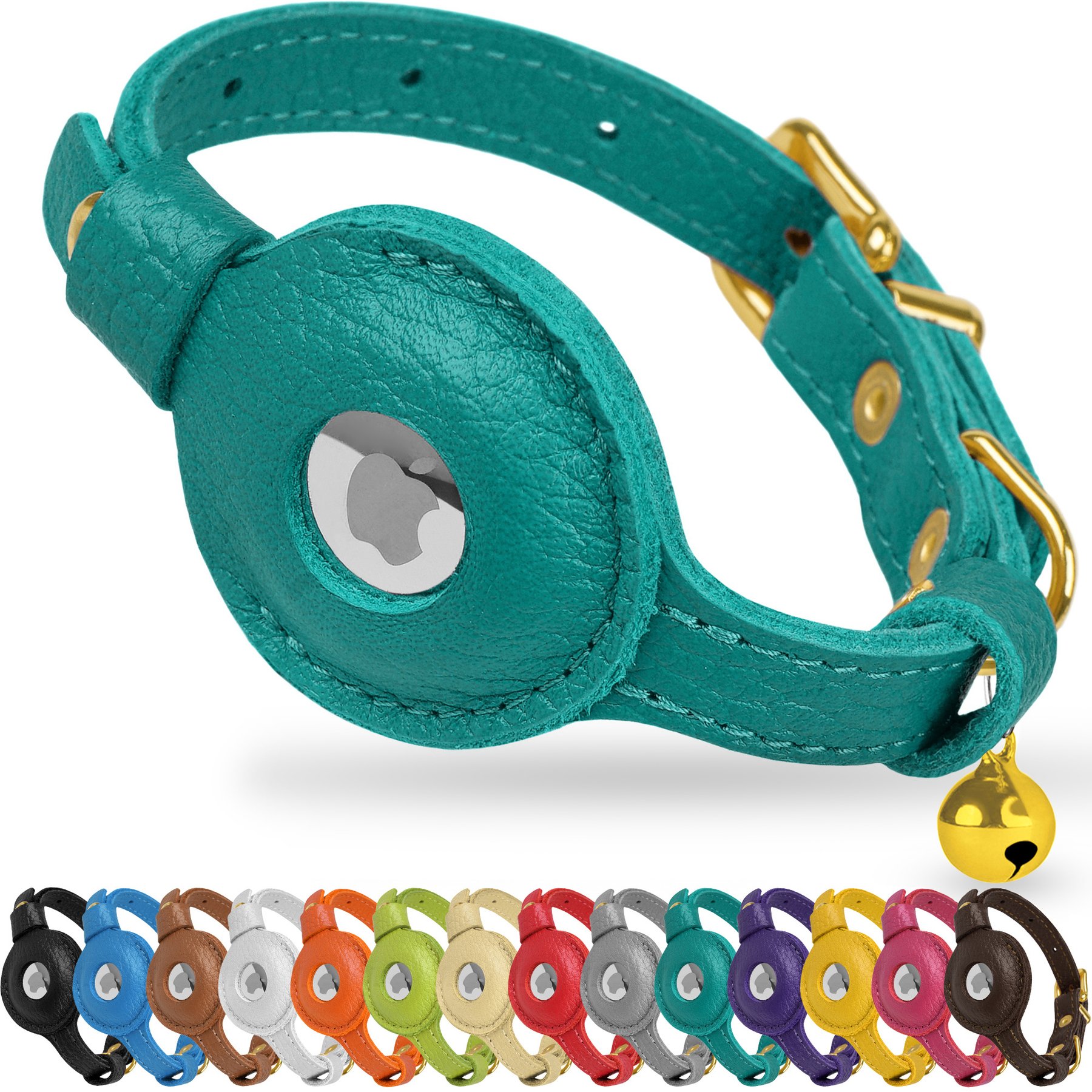 OOPSDOGGY Lightweight GPS Leather Apple Air Tag Holder Cat Collar with Bell, Aquamarine, 8 to 11-in neck, 1/2-in wide