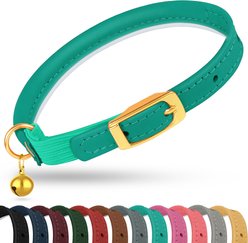 OOPSDOGGY Rolled Leather Reflective Cat Collar with Bell & Safety Elastic Strap, Teal, 8 to 11-in neck, 3/8-in wide slide 1 of 8