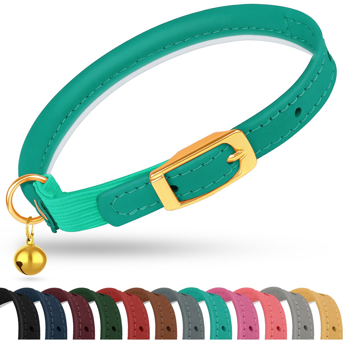 OOPSDOGGY Rolled Leather Reflective Cat Collar with Bell & Safety Elastic Strap, Teal, 8 to 11-in neck, 3/8-in wide