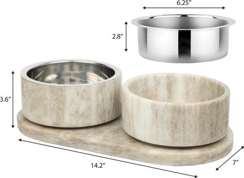 Show full view: THE LICKER STORE Marbre Modern Weighted Double Marble & Stainless Steel Dog & Cat Bowl, Medium: 1.5-cup, Gray/Brown slide 4 of 8