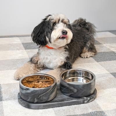 Show full view: THE LICKER STORE Marbre Modern Weighted Double Marble & Stainless Steel Dog & Cat Bowl, Medium: 1.5-cup, Black/White slide 7 of 9