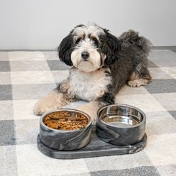 THE LICKER STORE Marbre Modern Weighted Double Marble & Stainless Steel Dog & Cat Bowl, Medium: 1.5-cup, Black/White slide 2 of 8