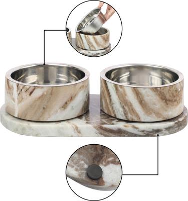 Show full view: THE LICKER STORE Marbre Modern Weighted Double Marble & Stainless Steel Dog & Cat Bowl, Medium: 1.5-cup, Beige/Gray slide 5 of 8
