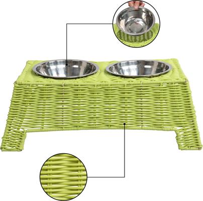 Show full view: THE LICKER STORE Serenity 6.9-in Elevated Dog & Cat Wicker with Two Stainless Steel Bowls, Medium: 2.2-cup, Light Green slide 5 of 7