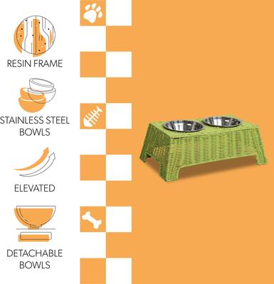 Show full view: THE LICKER STORE Serenity 6.9-in Elevated Dog & Cat Wicker with Two Stainless Steel Bowls, Medium: 2.2-cup, Light Green slide 3 of 7