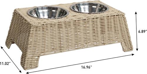 Show full view: THE LICKER STORE Serenity 6.9-in Elevated Dog & Cat Wicker with Two Stainless Steel Bowls, Medium: 2.2-cup, Almond slide 3 of 6