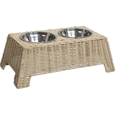 THE LICKER STORE THE LICKER STORE Serenity 6.9-in Elevated Dog & Cat Wicker with Two Stainless Steel Bowls, Medium: 2.2-cup, Almond