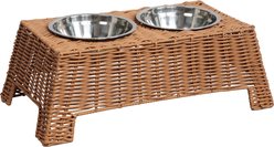 THE LICKER STORE Serenity 6.9-in Elevated Dog & Cat Wicker with Two Stainless Steel Bowls, Medium: 2.2-cup, Brown