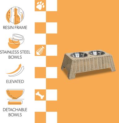Show full view: THE LICKER STORE Serenity 6.9-in Elevated Dog & Cat Wicker with Two Stainless Steel Bowls, Medium: 2.2-cup, Almond slide 2 of 6