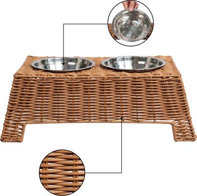 Show full view: THE LICKER STORE Serenity 6.9-in Elevated Dog & Cat Wicker with Two Stainless Steel Bowls, Medium: 2.2-cup, Brown slide 4 of 6