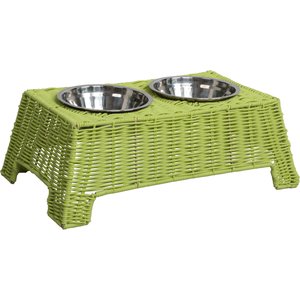 THE LICKER STORE Serenity 6.9-in Elevated Dog & Cat Wicker with Two Stainless Steel Bowls, Medium: 2.2-cup, Light Green