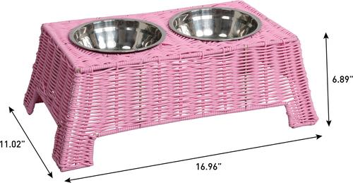 Show full view: THE LICKER STORE Serenity 6.9-in Elevated Dog & Cat Wicker with Two Stainless Steel Bowls, Medium: 2.2-cup, Pink slide 3 of 6