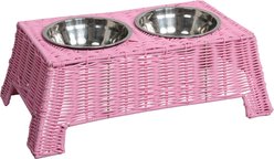 THE LICKER STORE Serenity 6.9-in Elevated Dog & Cat Wicker with Two Stainless Steel Bowls, Medium: 2.2-cup, Pink