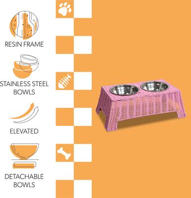 Show full view: THE LICKER STORE Serenity 6.9-in Elevated Dog & Cat Wicker with Two Stainless Steel Bowls, Medium: 2.2-cup, Pink slide 2 of 6